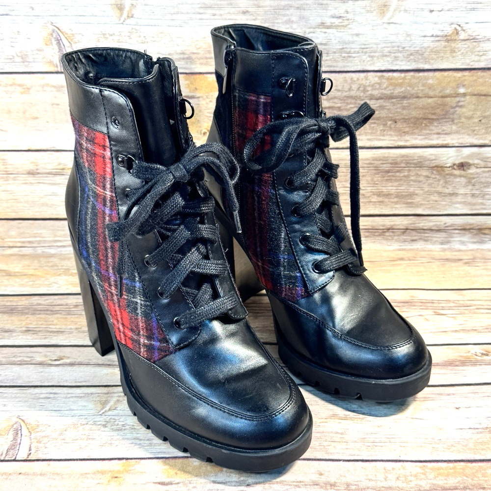 Michael Kors Womens Black Faux Leather & Plaid Chunky Heel Lace Up Logan Boots